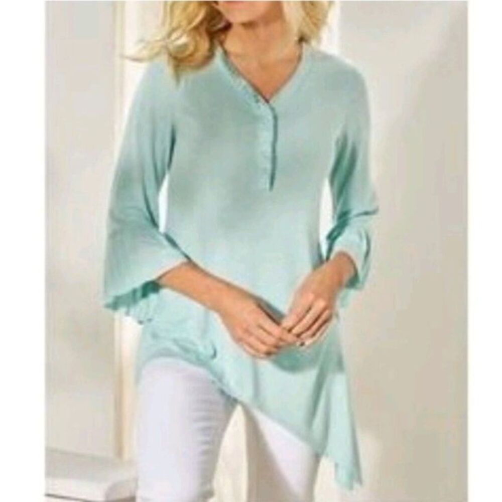 Soft Surroundings Pleated V-Neck Tunic Top Size M Teal Dust Asymmetrical Hem